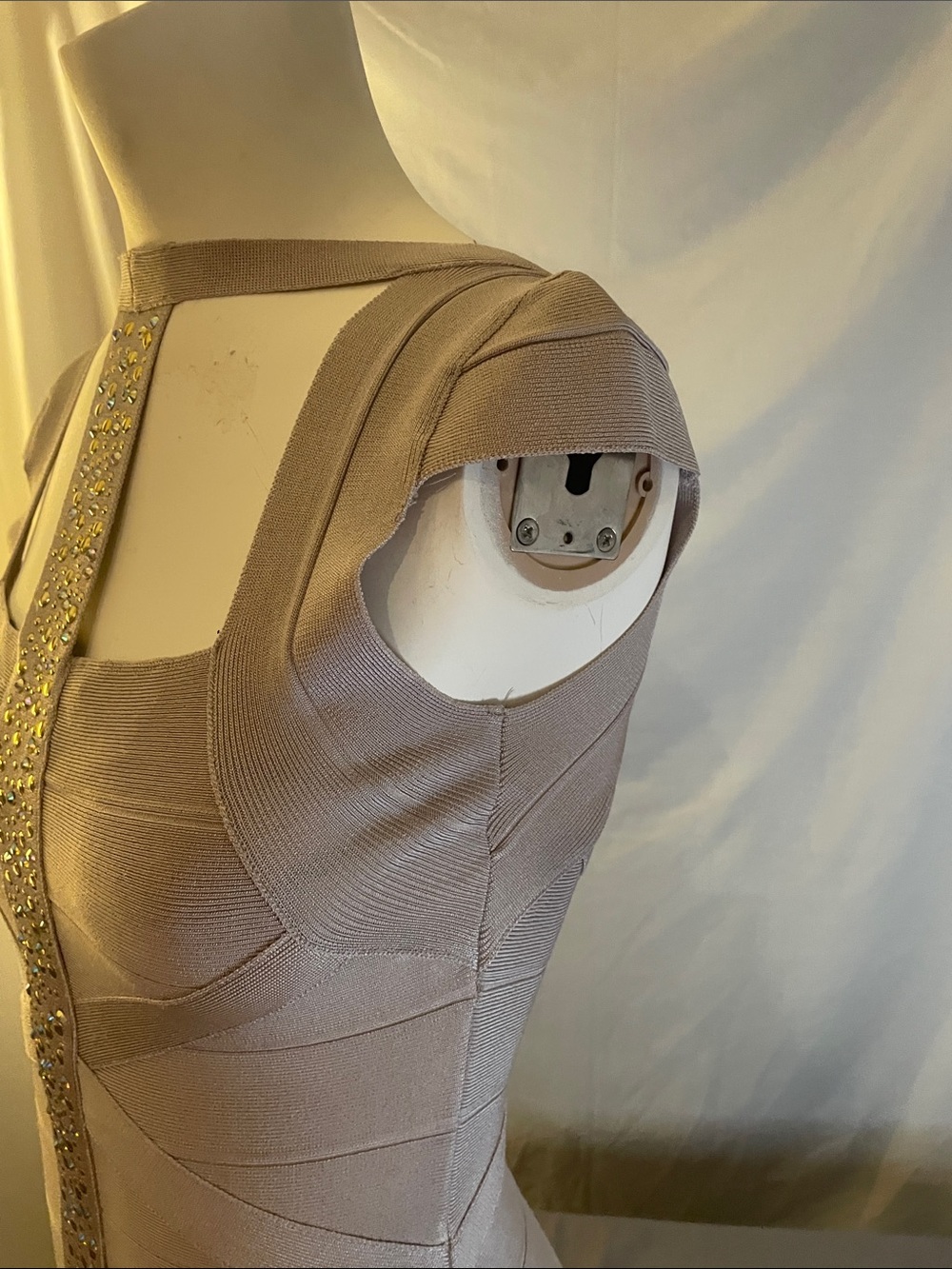 bebe Blush-Beige Beaded Front-Zip Midi Bandage Dress - Picture 6 of 6